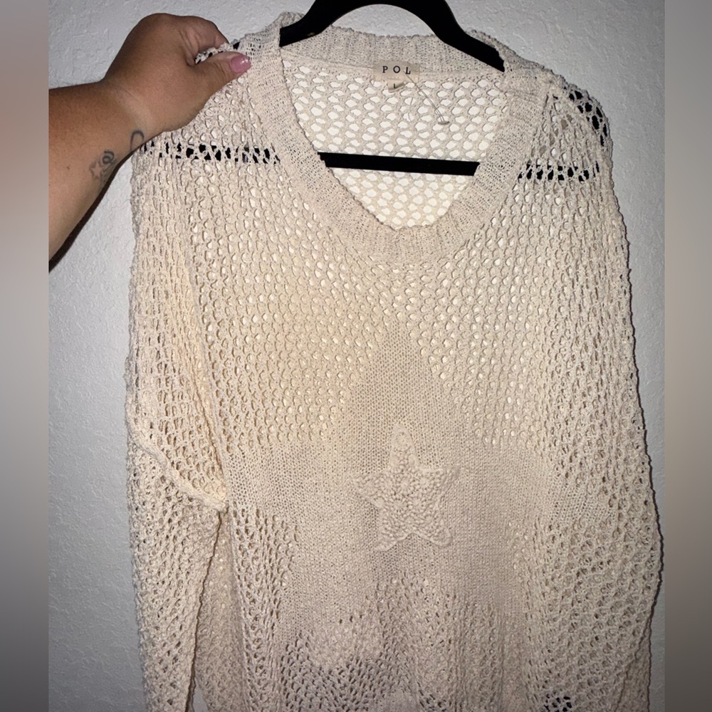 POL Cream Open-Knit Star Crewneck Sweater